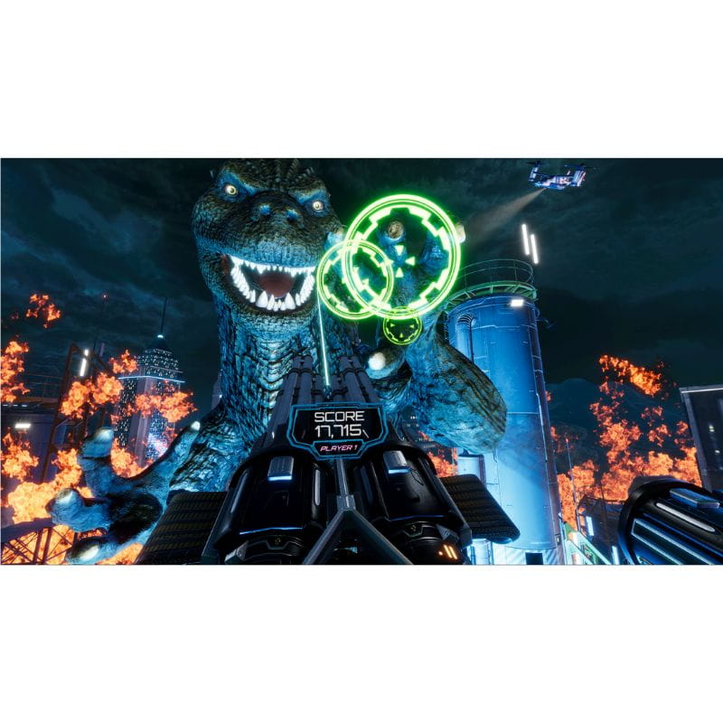 Amusement park ride with dinosaur-like creature and neon lights at night