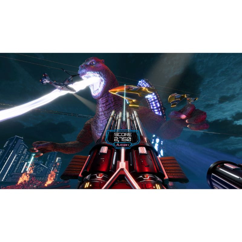 Video game scene with a dinosaur-like creature in a futuristic setting