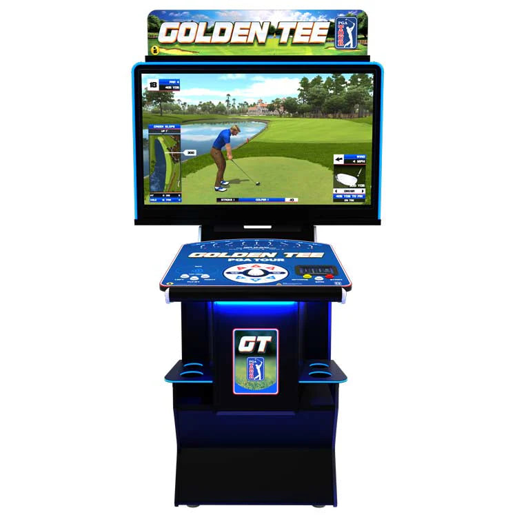 Golden Tee PGA Clubhouse Edition featuring a screen displaying a golfing game and control panels with club selection buttons.