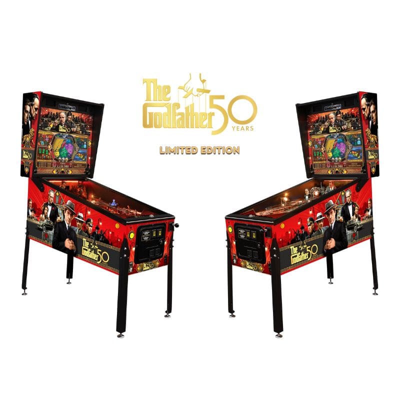 Two pinball machines with 'The Godfather' 50th anniversary design on a white background.