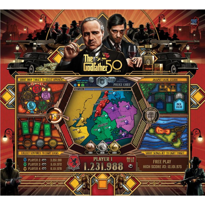 Decorative back glass for 'The Godfather' with game-like design elements and characters from the film.
