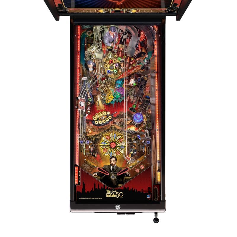 Pinball machine with intricate design and colorful elements on a white background