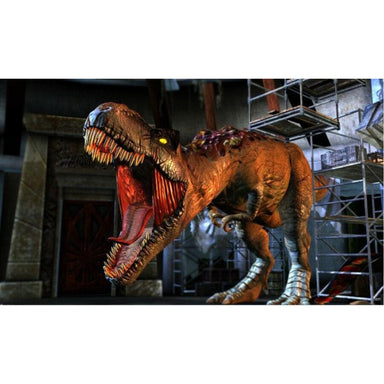 Dinosaur model with open mouth in a dark indoor setting