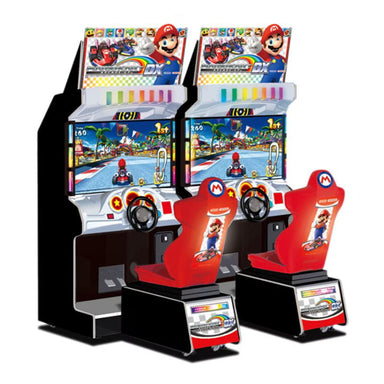 Mario-Kart-Arcade-GP-DX Pair of Mario Kart arcade machines with colorful designs and character graphics.
