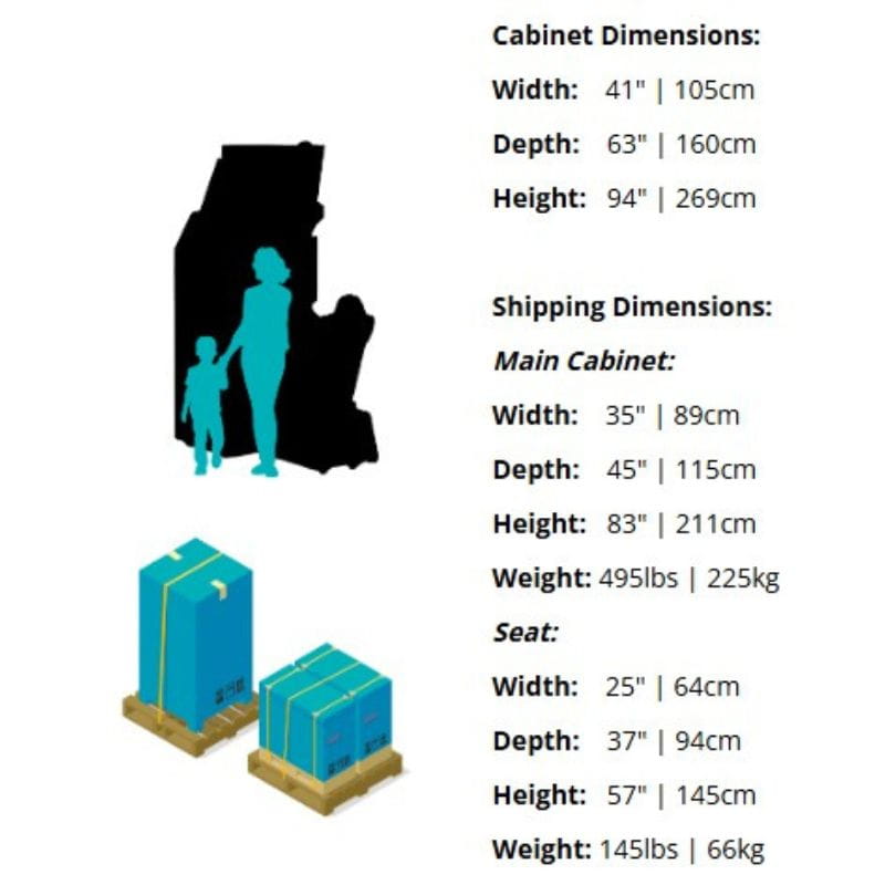 Mario-Kart-Arcade-GP-DX Cabinet dimensions chart with illustrations of a family and furniture pieces.