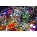Close-up of a Metallica pinball machine Playfield with colorful artwork, snake and bright lights.