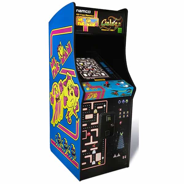 A full-size Ms. Pac-Man/Galaga home arcade machine with colorful artwork and a 27-inch LCD screen.