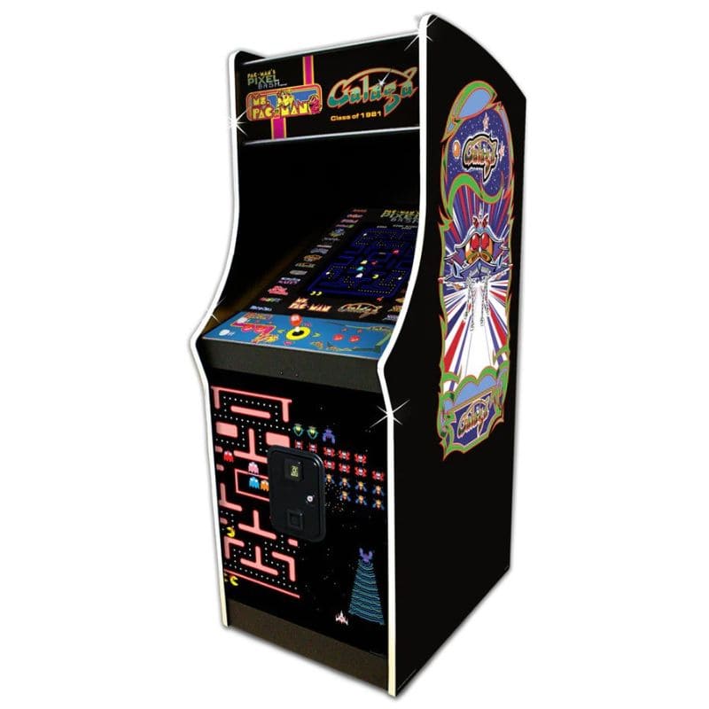 Vintage-style MS Pac Man Galaga arcade machine with colorful graphics on a white background