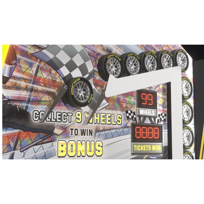 NASCAR Pit Stop Gameboard with racing theme, tires, and digital display on a colorful background
