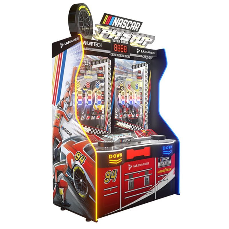 Arcade game machine themed around NASCAR Pit Stop with colorful design and branding.