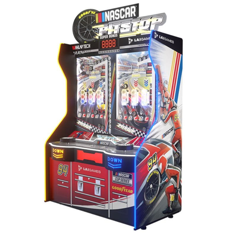 Arcade game machine with NASCAR Pit Stop branding on a white background