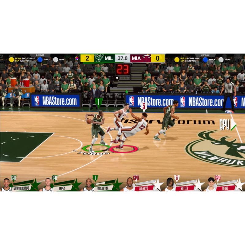 NBA-Superstars-Arcade-Game in progress with players on the court and a crowd in the stands.
