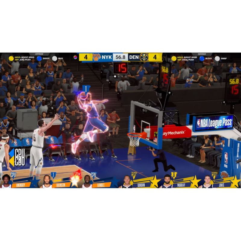 NBA Superstars game in progress with players and crowd on a court, featuring NBA League Pass branding.