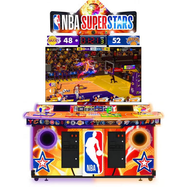Basketball arcade machine with NBA Superstars branding on a white background