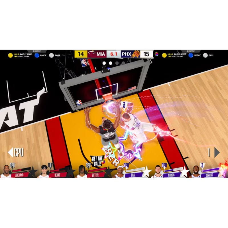 NBA-Superstars-Game interface with player controls and game statistics on a white background