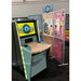Vintage-style arcade machine with colorful posters on a gray background