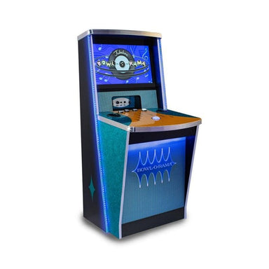 Arcade machine with 'Bowl-O-Rama' branding on a white background