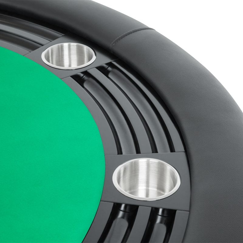 A round BBO Nighthawk Poker Table - 8 Players in black poker table with a black gloss finish and green felt top, race track with cup holder view