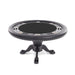A round BBO Nighthawk Poker Table - 8 Players in black poker table with a black gloss finish and black felt top, supported by oak ball-and-claw legs, designed for 8 players.