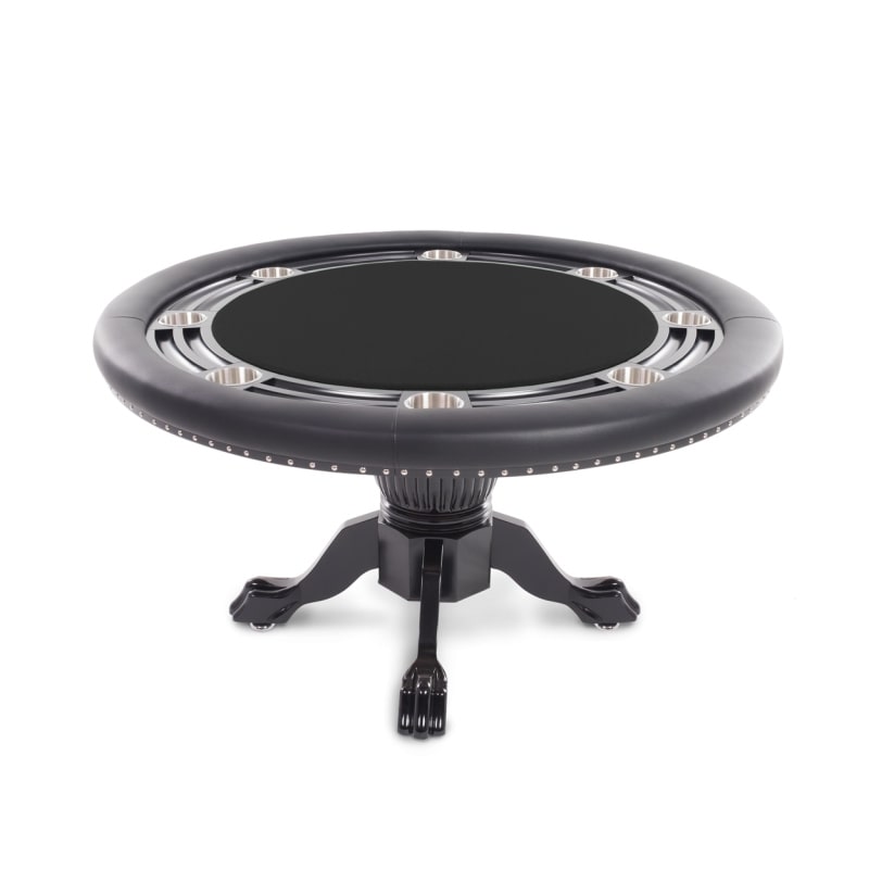 A round BBO Nighthawk Poker Table - 8 Players in black poker table with a black gloss finish and black felt top, supported by oak ball-and-claw legs, designed for 8 players.