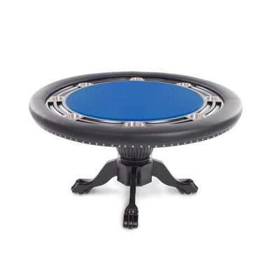 A round BBO Nighthawk poker table with a black gloss finish and blue felt top, supported by oak ball-and-claw legs, designed for 8 players.