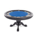 A round BBO Nighthawk poker table with a black gloss finish and blue felt top, supported by oak ball-and-claw legs, designed for 8 players.