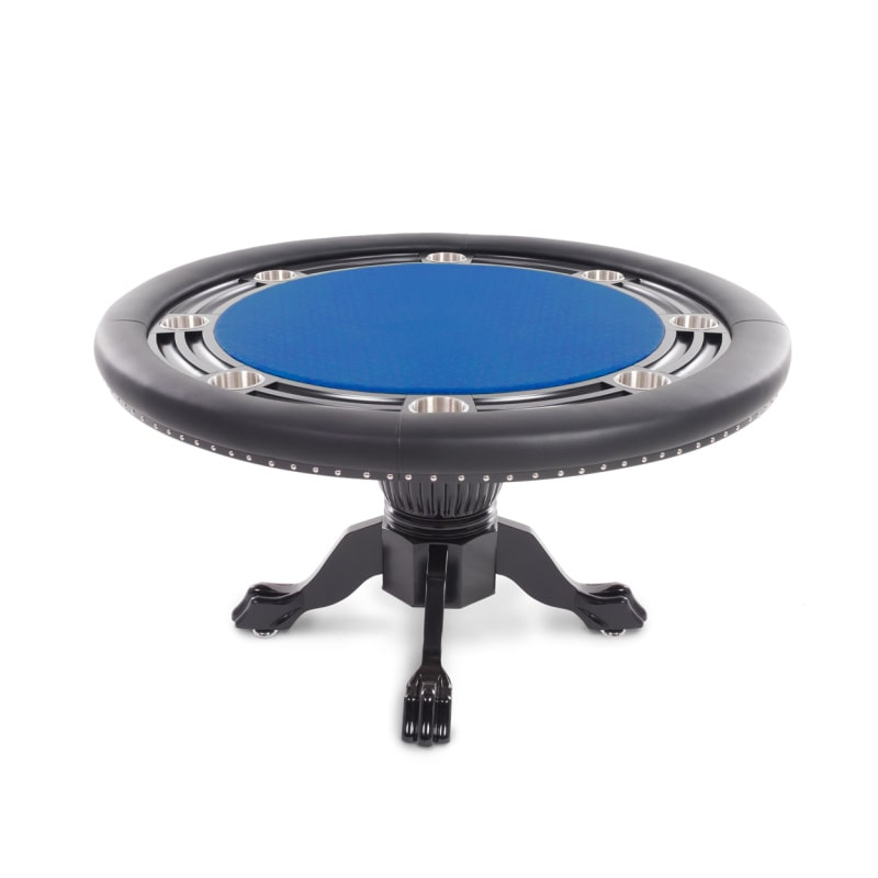 A round BBO Nighthawk poker table with a black gloss finish and blue felt top, supported by oak ball-and-claw legs, designed for 8 players.