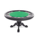 A round BBO Nighthawk poker table with a black gloss finish and green felt top, supported by oak ball-and-claw legs, designed for 8 players.
