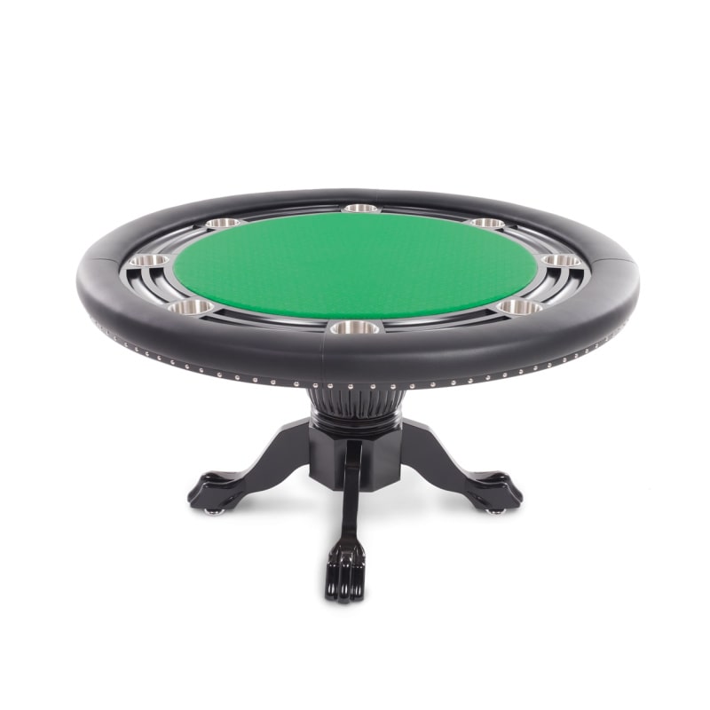 A round BBO Nighthawk poker table with a black gloss finish and green felt top, supported by oak ball-and-claw legs, designed for 8 players.