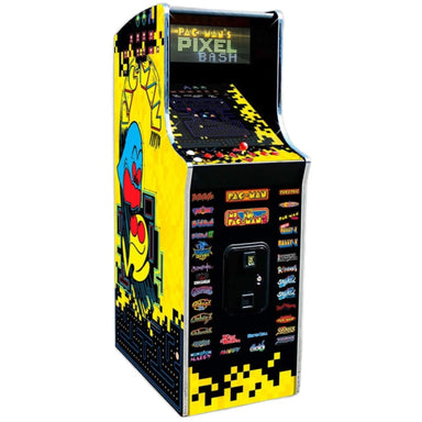 A stand-up Pac-Man Pixel Bash Home Arcade Machine with colorful artwork featuring characters from the Pac-Man game series.