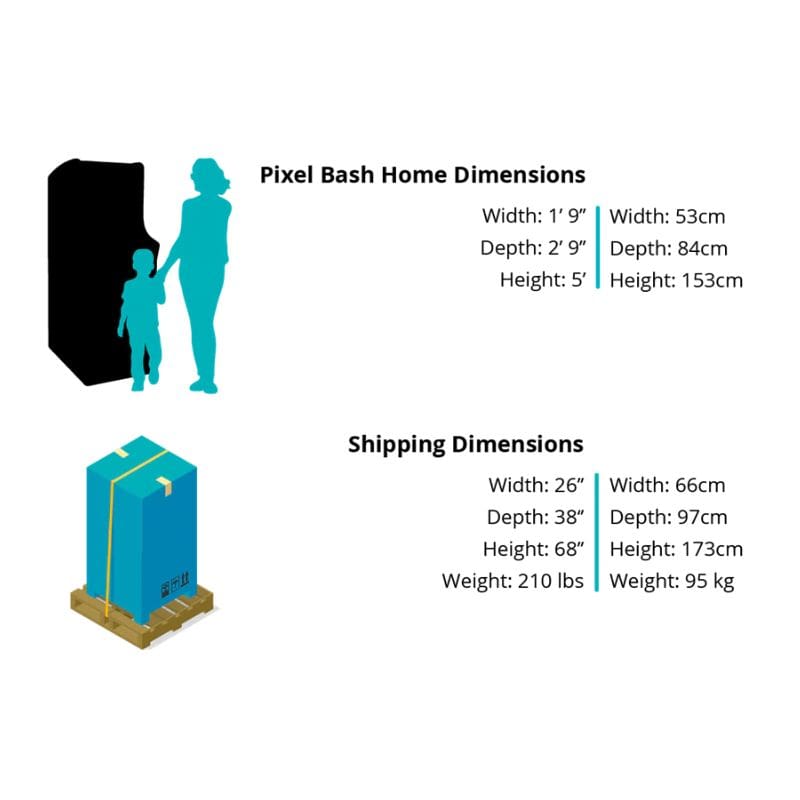 Dimensions of a Pac Man Pixel Bash Chill Cabaret Home and its shipping packaging on a white background