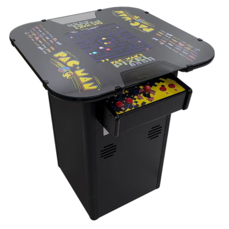 Pac-Man-Pixel-Bash-Cocktail-High-Top-Bistro-Black arcade game table with colorful game graphics on a white background