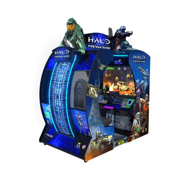 Halo-themed arcade machine with character figures on a white background