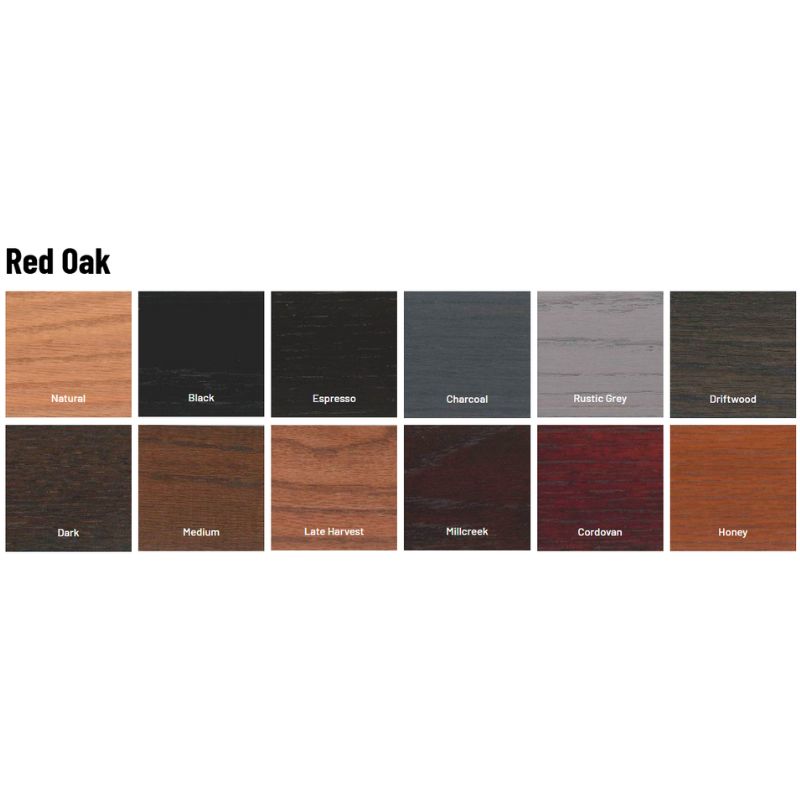 Color swatches of Red Oak wood finishes on a white background