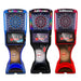 Three electronic dart boards with digital displays on a white background