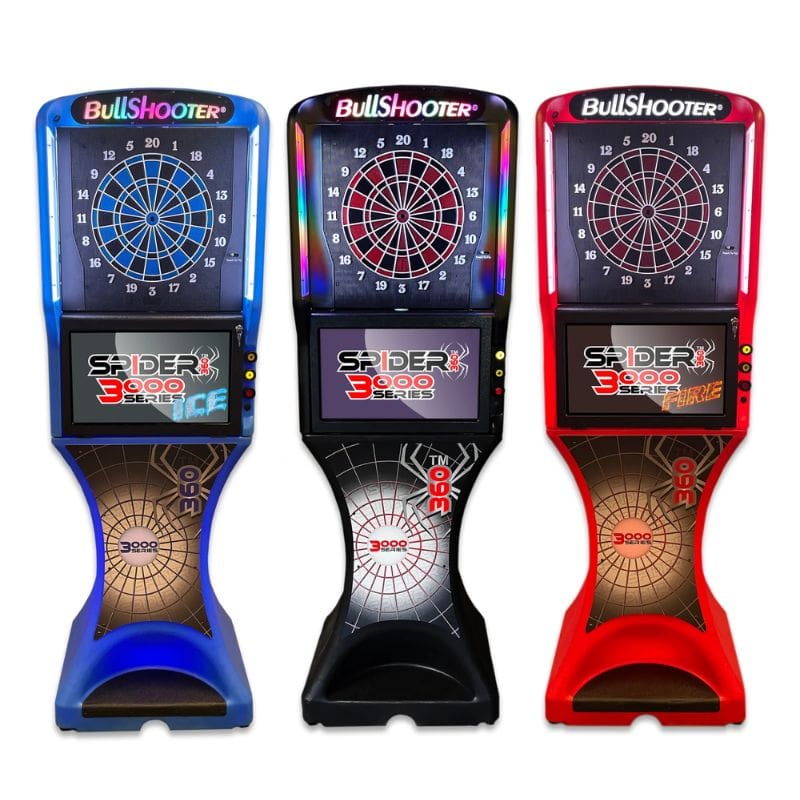 Three electronic dart boards with digital displays on a white background