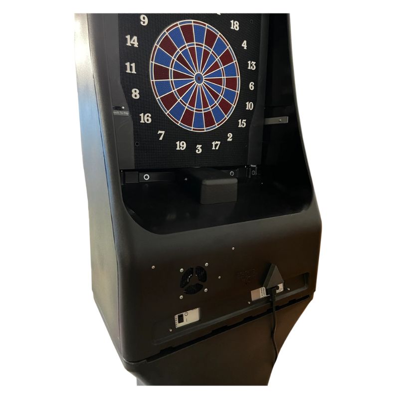 Dartboard machine with a digital display on a white background