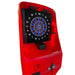 Red electronic dartboard machine with a digital screen on a white background