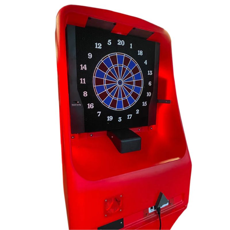 Red electronic dartboard machine with a digital screen on a white background