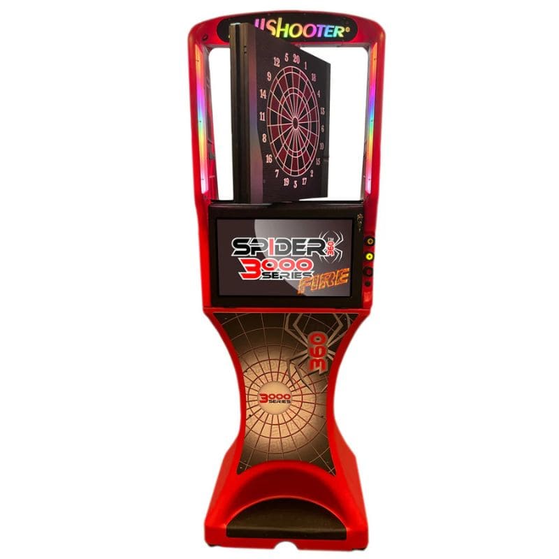 Red electronic dartboard with digital display on a white background