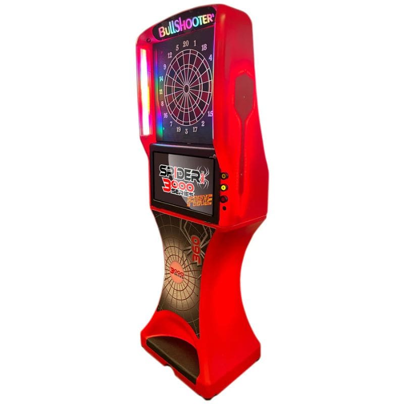 Red electronic dartboard with digital display on a white background