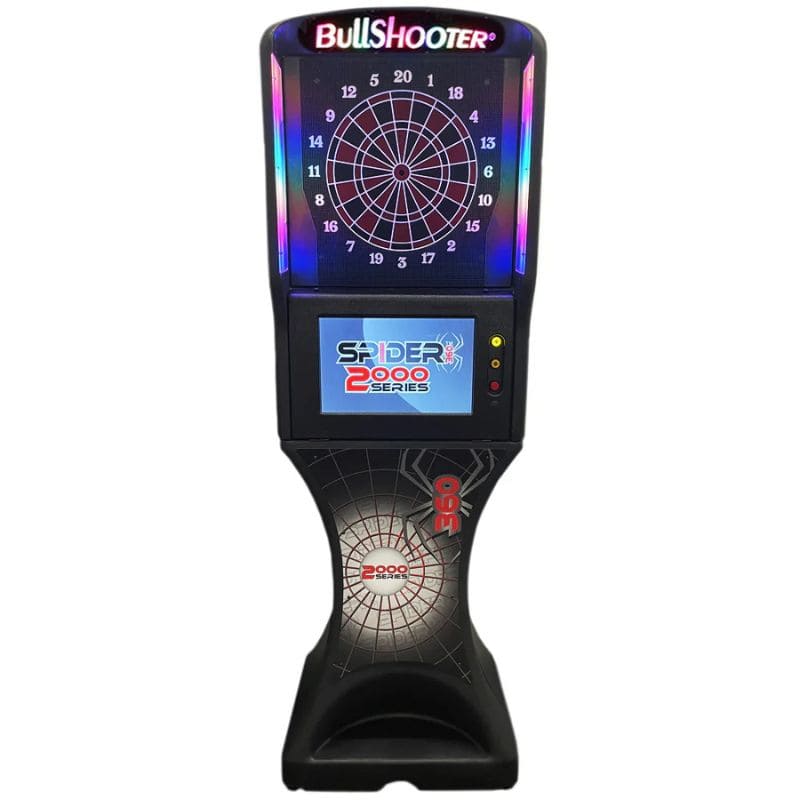 Electronic dartboard with digital display on a white background