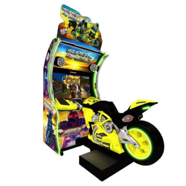 Super Bikes 3 Arcade game machine with a motorcycle design on a white background