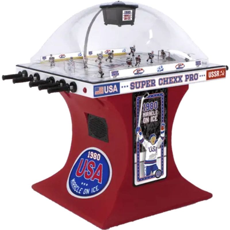 Super Chexx Pro hockey table with USA and USSR branding on a white background