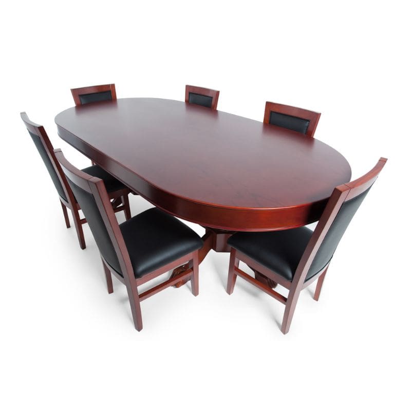 The Rockwell Poker Table For sale with a dining top with six matching chairs on a white background