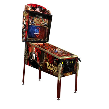 Pinball machine with detailed design and branding on a white background