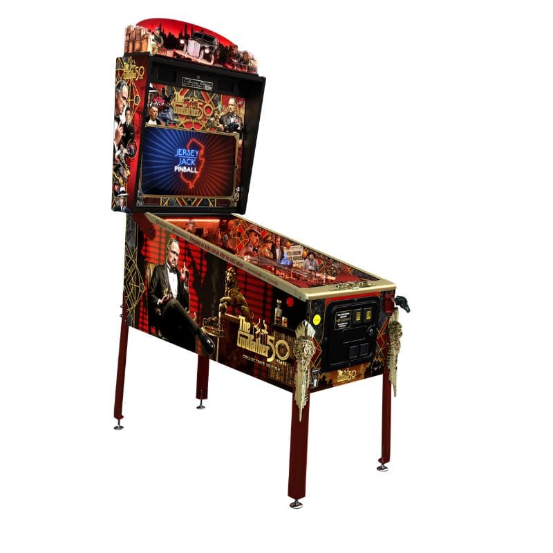 Pinball machine with detailed design and branding on a white background