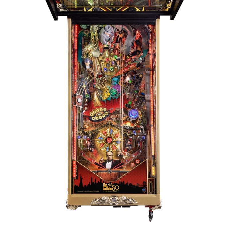 Pinball machine with intricate design and colorful lights on a white background