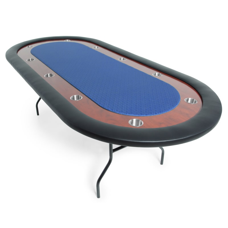 The Ultimate Poker Table  A 10-player premium folding poker table with a blue felt surface, brown racetrack, and black folding legs.