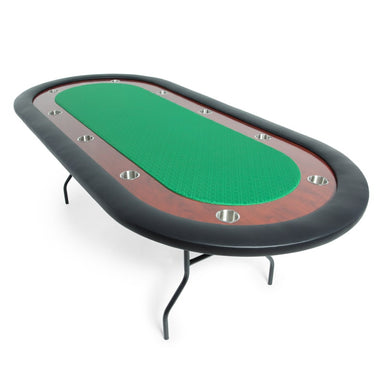 The Ultimate Poker Table A 10-player premium folding poker table with a green felt surface, brown racetrack, and black folding legs.